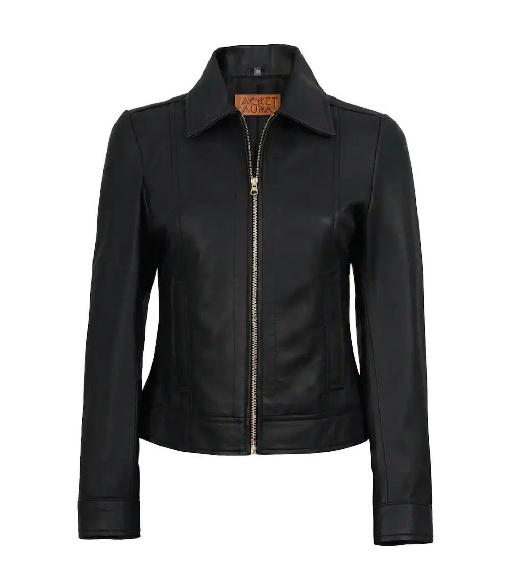 Jose Women's Black Leather Harrington Jacket with Golden Details | Jacket Aura in XS - Jacket Aura