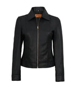 Jose Women's Black Leather Harrington Jacket with Golden Details | Jacket Aura in XS - Jacket Aura