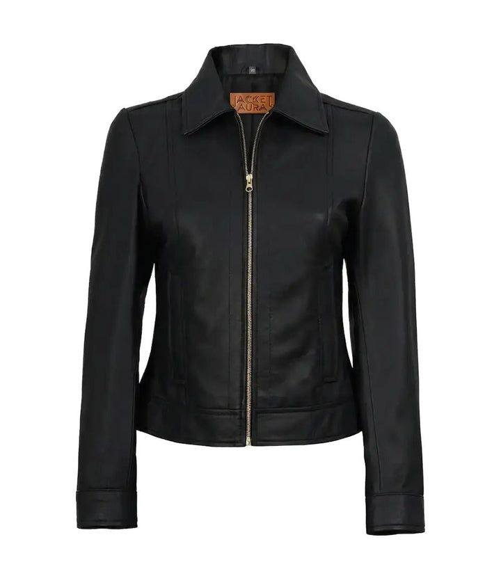 Jose Women's Black Leather Harrington Jacket with Golden Details | Jacket Aura in XS - Jacket Aura