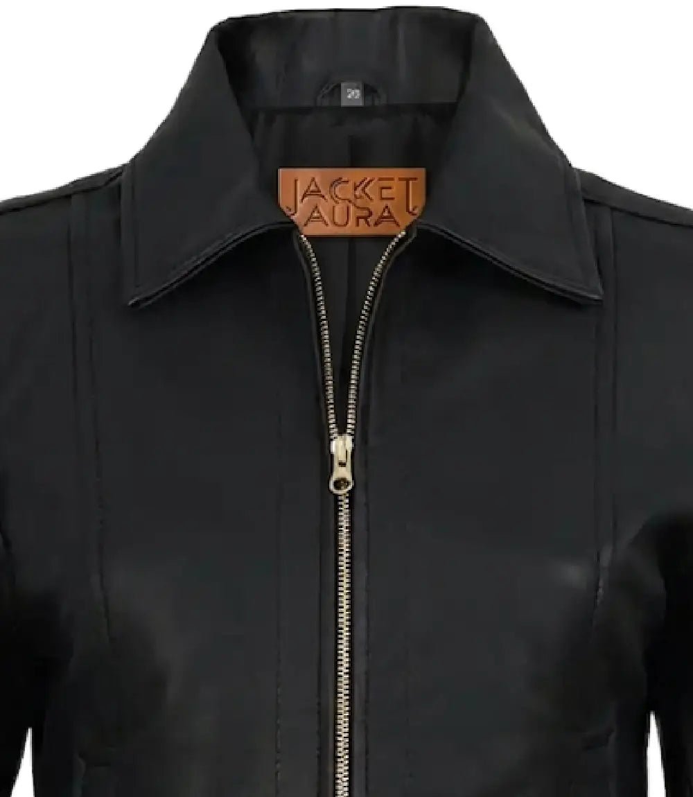Jose Women's Black Leather Harrington Jacket with Golden Details | Jacket Aura in XS - Jacket Aura