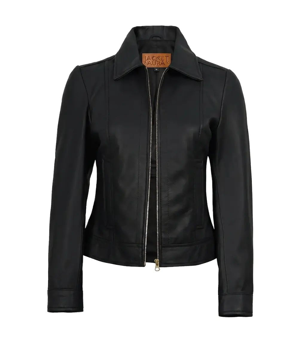 Jose Women's Black Leather Harrington Jacket with Golden Details | Jacket Aura in XS - Jacket Aura