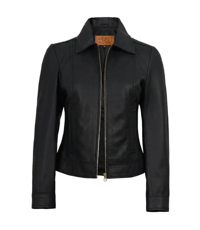 Jose Women's Black Leather Harrington Jacket with Golden Details | Jacket Aura in XS - Jacket Aura