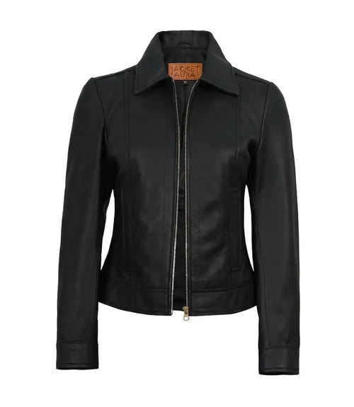 Jose Women's Black Leather Harrington Jacket with Golden Details | Jacket Aura in XS - Jacket Aura
