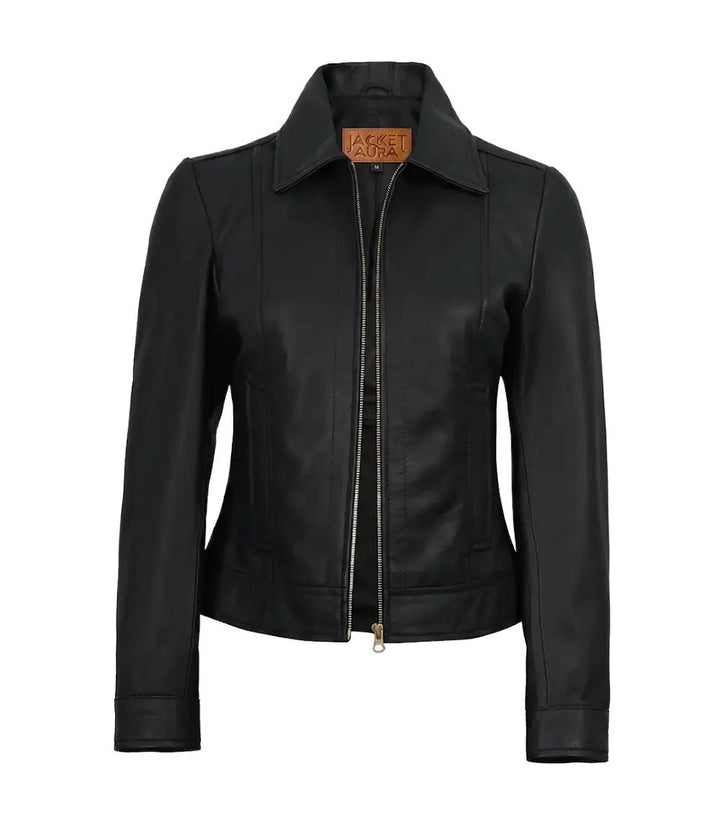 Jose Women's Black Leather Harrington Jacket with Golden Details | Jacket Aura in XS - Jacket Aura