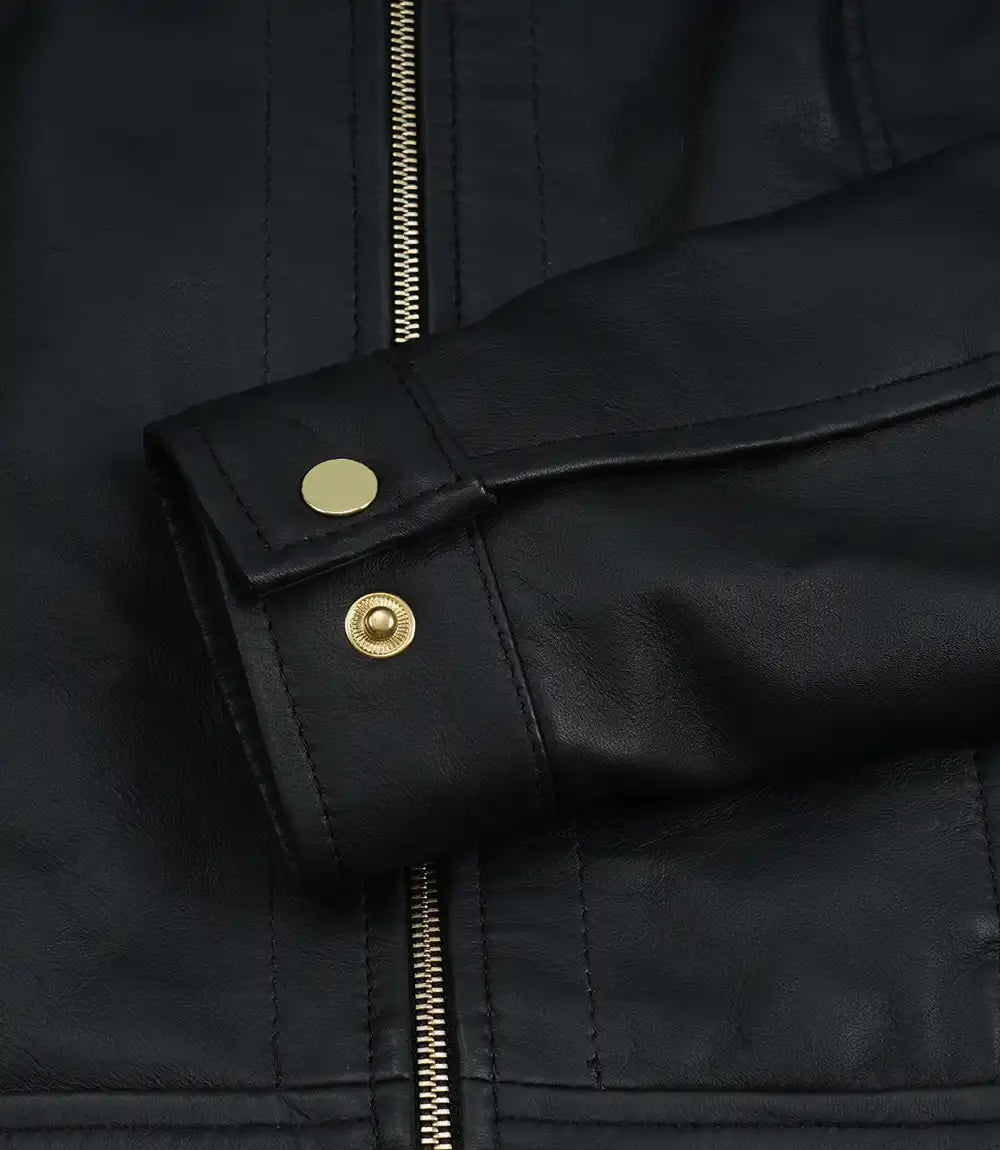 Jose Women's Black Leather Harrington Jacket with Golden Details | Jacket Aura in XS - Jacket Aura
