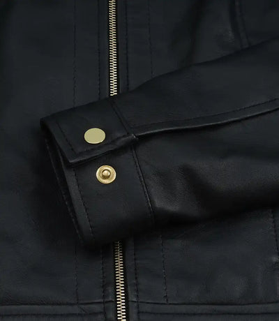 Jose Women's Black Leather Harrington Jacket with Golden Details | Jacket Aura in XS - Jacket Aura