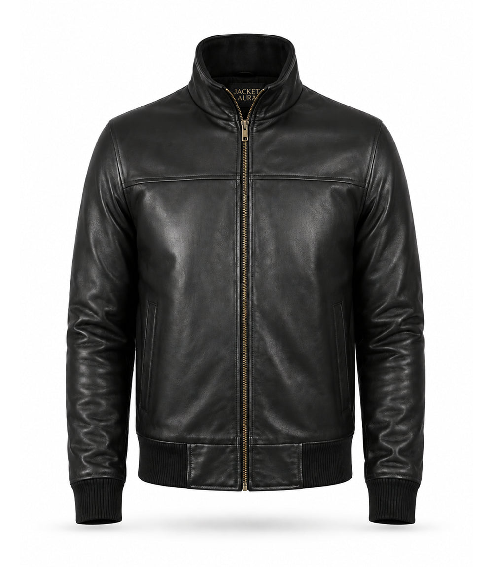 Men’s Black Leather Bomber Jacket in XS - Jacket Aura