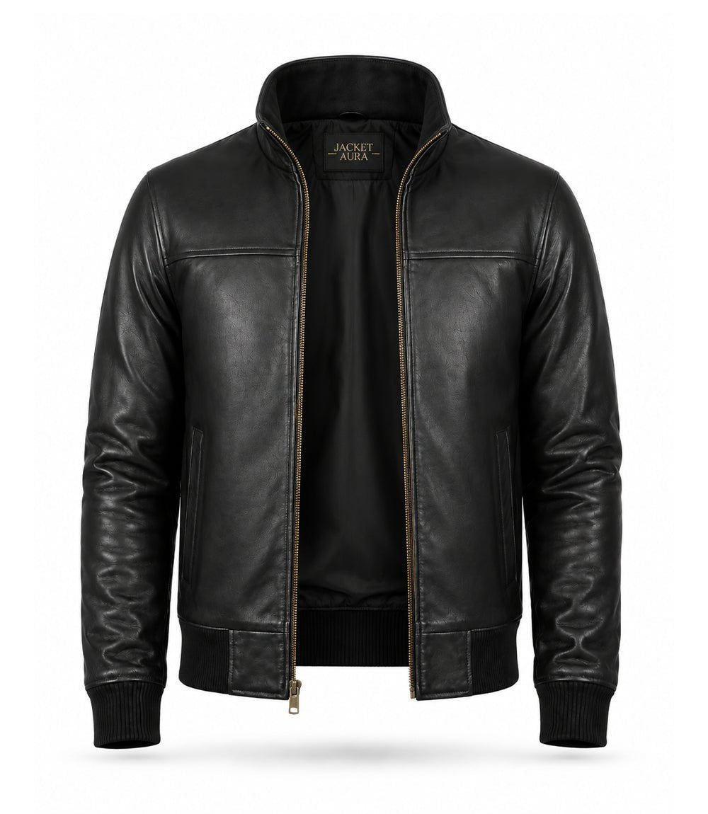 Men’s Black Leather Bomber Jacket in XS - Jacket Aura