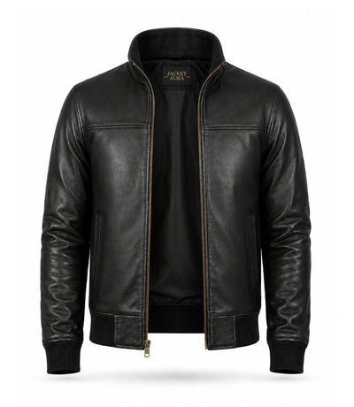 Men’s Black Leather Bomber Jacket in XS - Jacket Aura