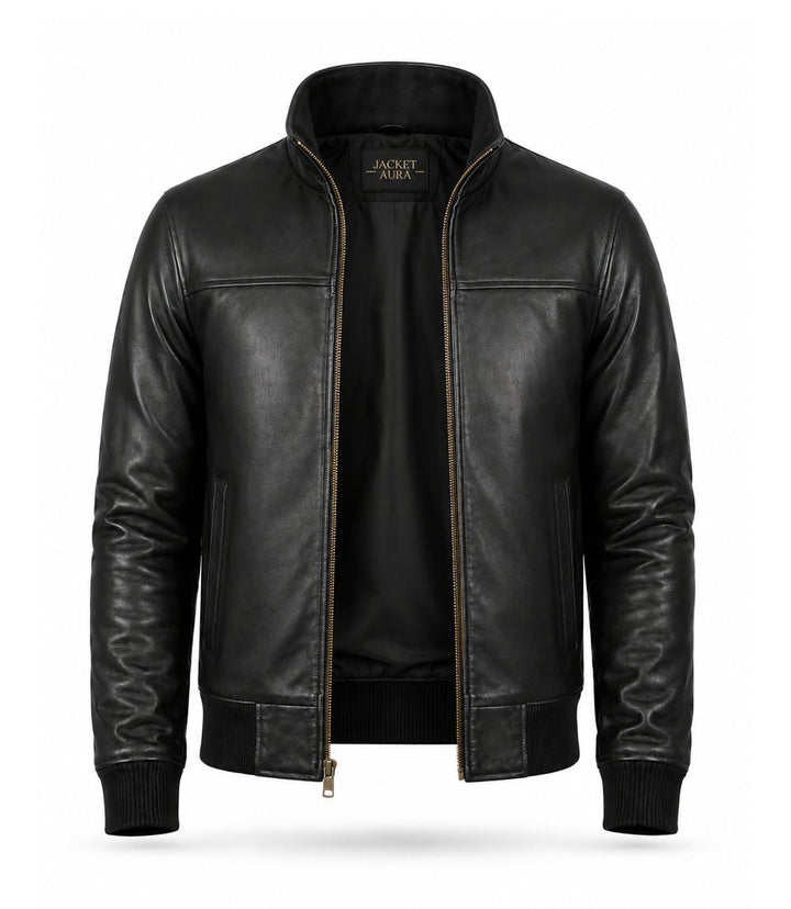 Men’s Black Leather Bomber Jacket in XS - Jacket Aura