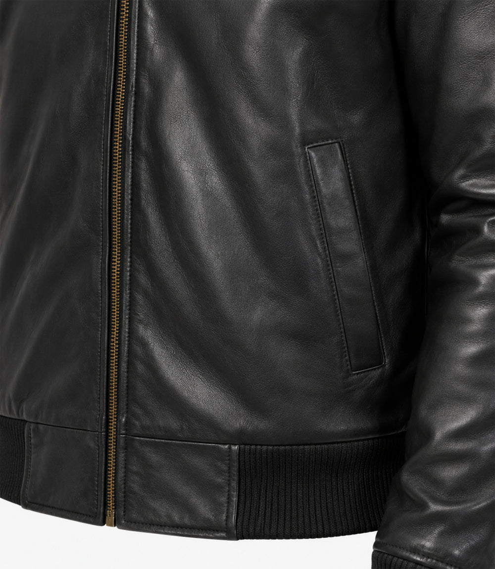 Men’s Black Leather Bomber Jacket in XS - Jacket Aura