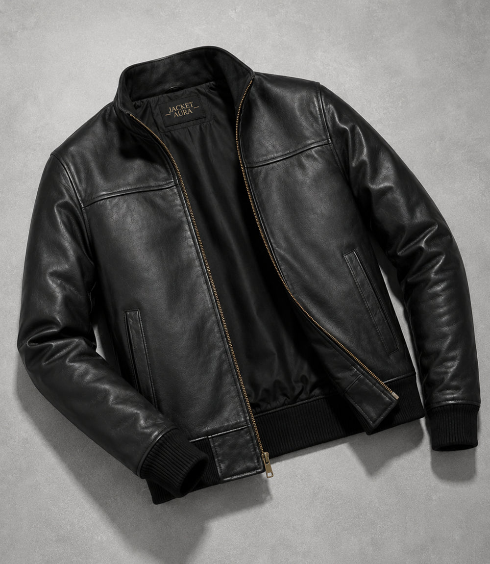 Men’s Black Leather Bomber Jacket in XS - Jacket Aura