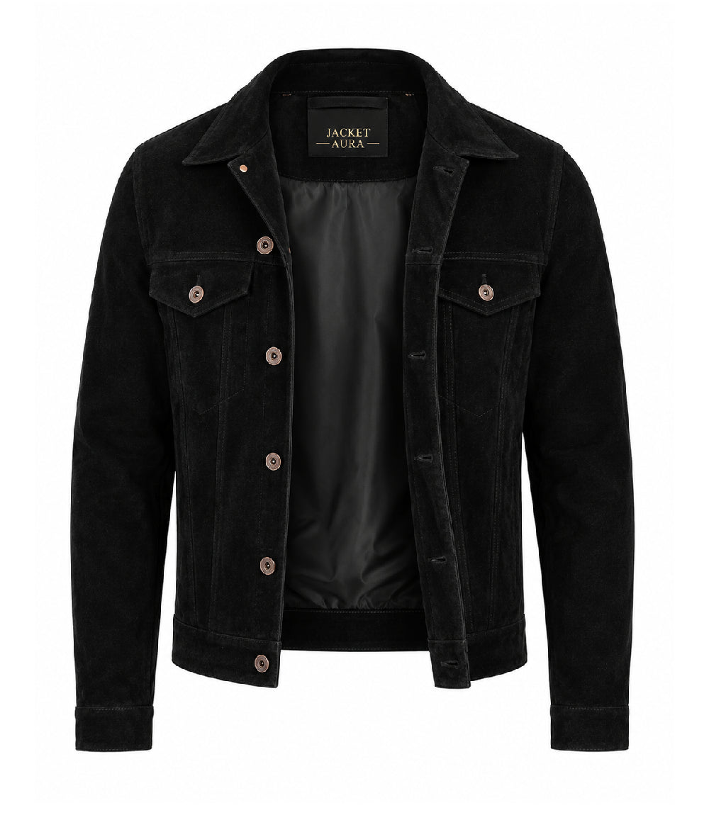 Men’s Black Suede Trucker Jacket in XS - Jacket Aura