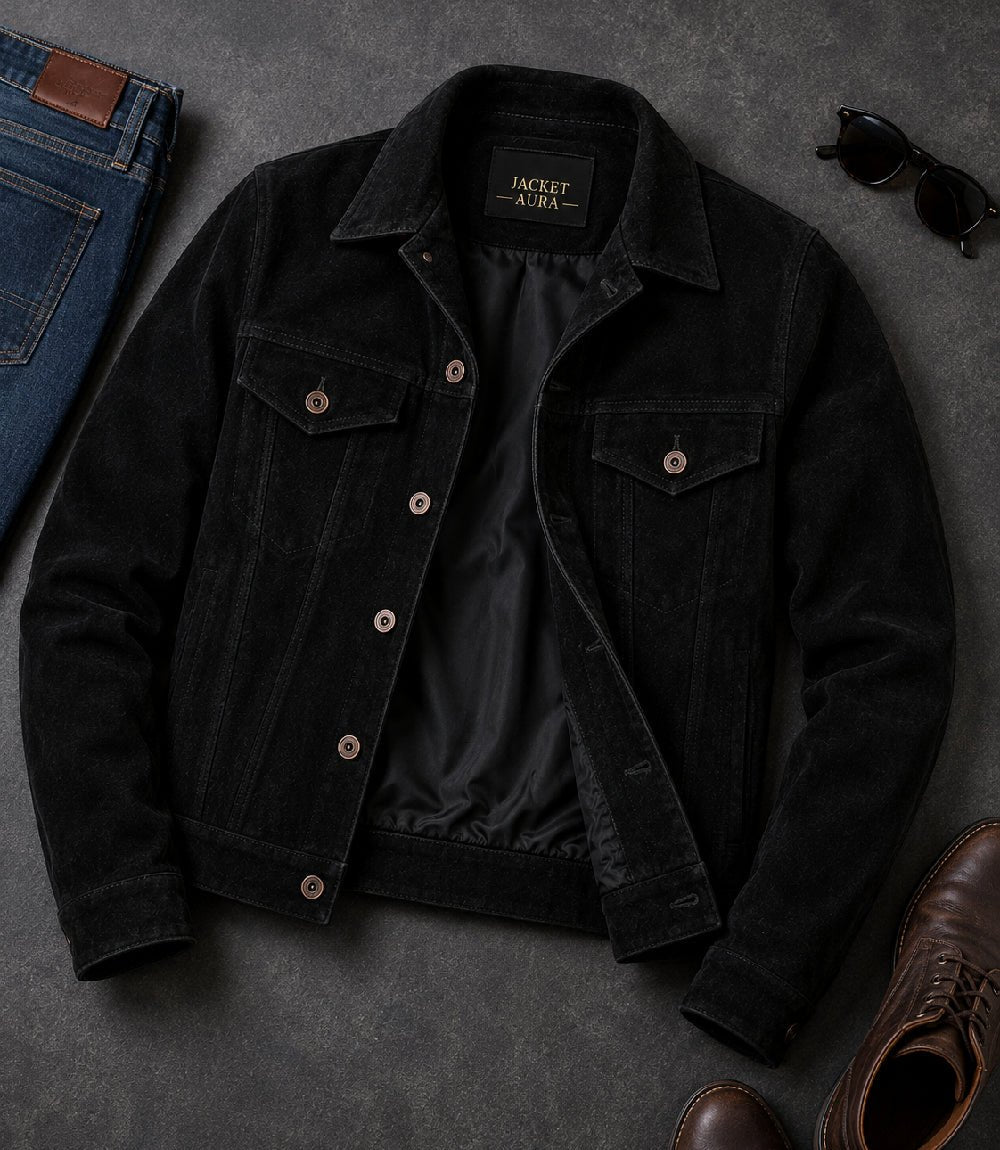 Men’s Black Suede Trucker Jacket in XS - Jacket Aura