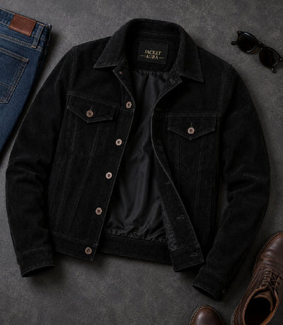 Men’s Black Suede Trucker Jacket in XS - Jacket Aura