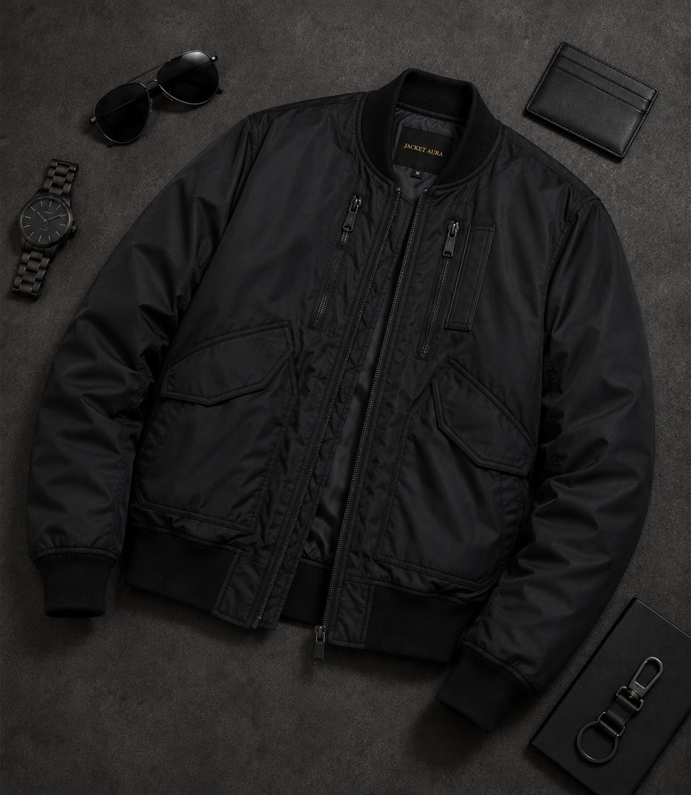 Men’s Black Tactical Nylon Bomber Jacket in XS - Jacket Aura