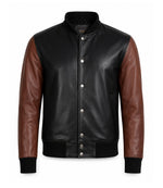 Men’s Black and Brown Leather Varsity Bomber Jacket in XS - Jacket Aura