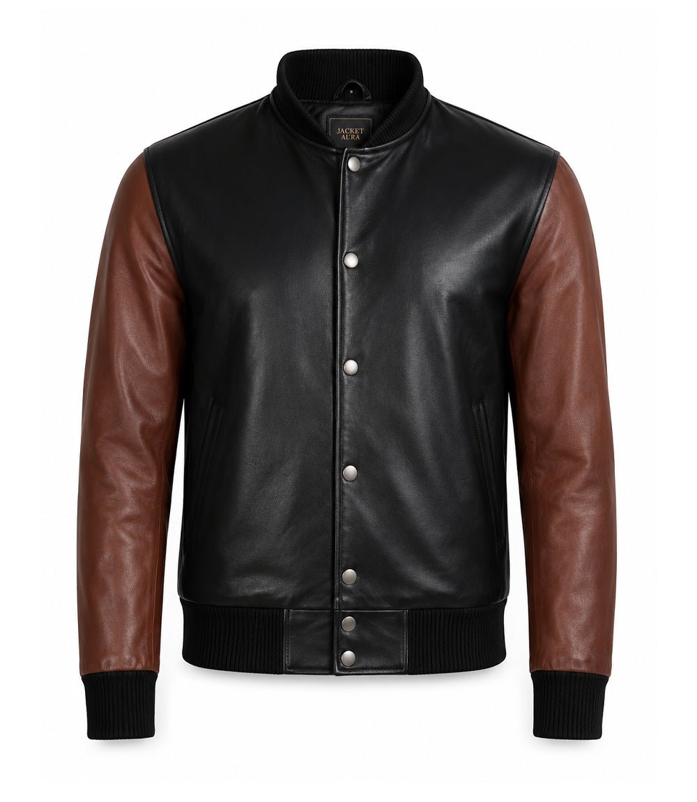 Men’s Black and Brown Leather Varsity Bomber Jacket in XS - Jacket Aura