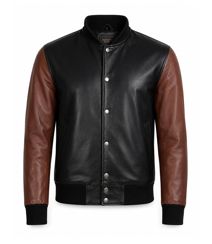 Men’s Black and Brown Leather Varsity Bomber Jacket in XS - Jacket Aura