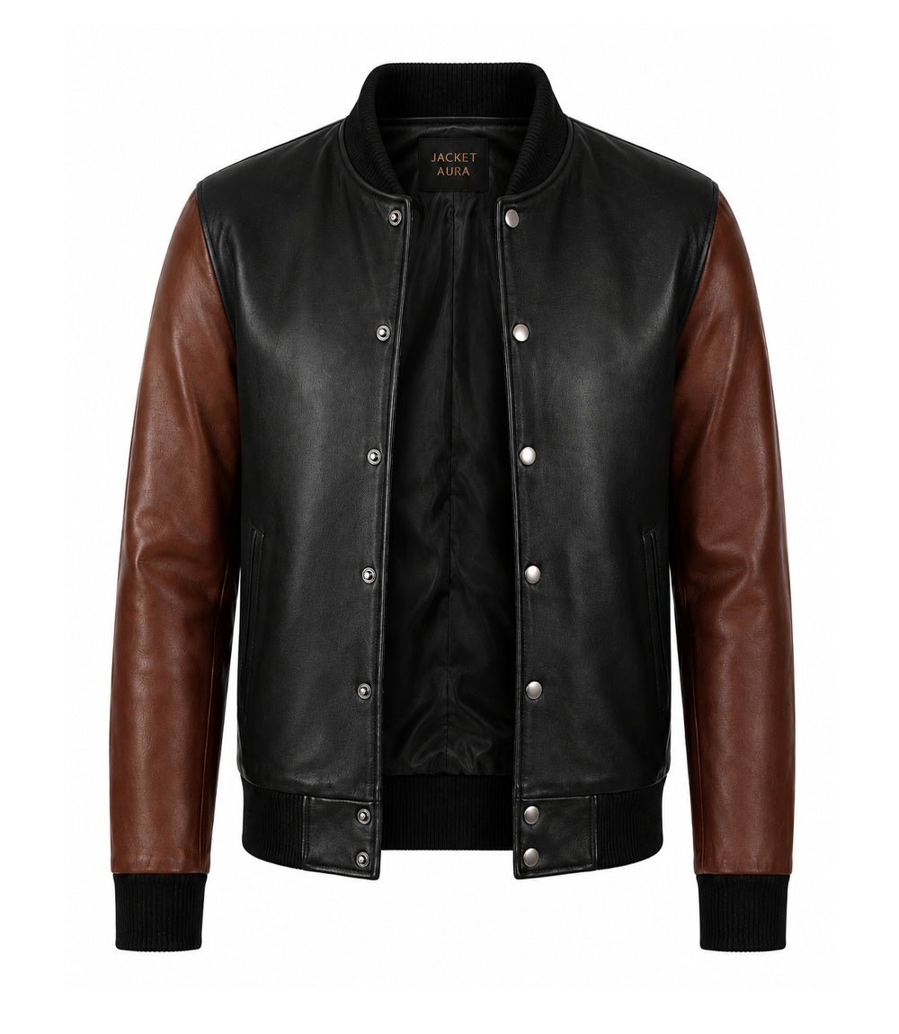 Men’s Black and Brown Leather Varsity Bomber Jacket in XS - Jacket Aura