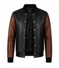 Men’s Black and Brown Leather Varsity Bomber Jacket in XS - Jacket Aura