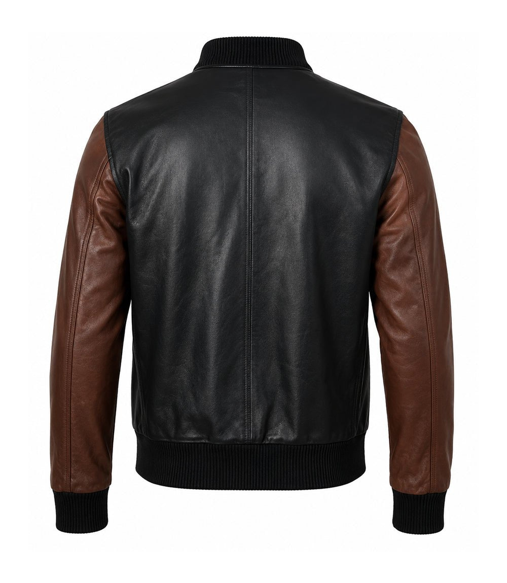 Men’s Black and Brown Leather Varsity Bomber Jacket in XS - Jacket Aura