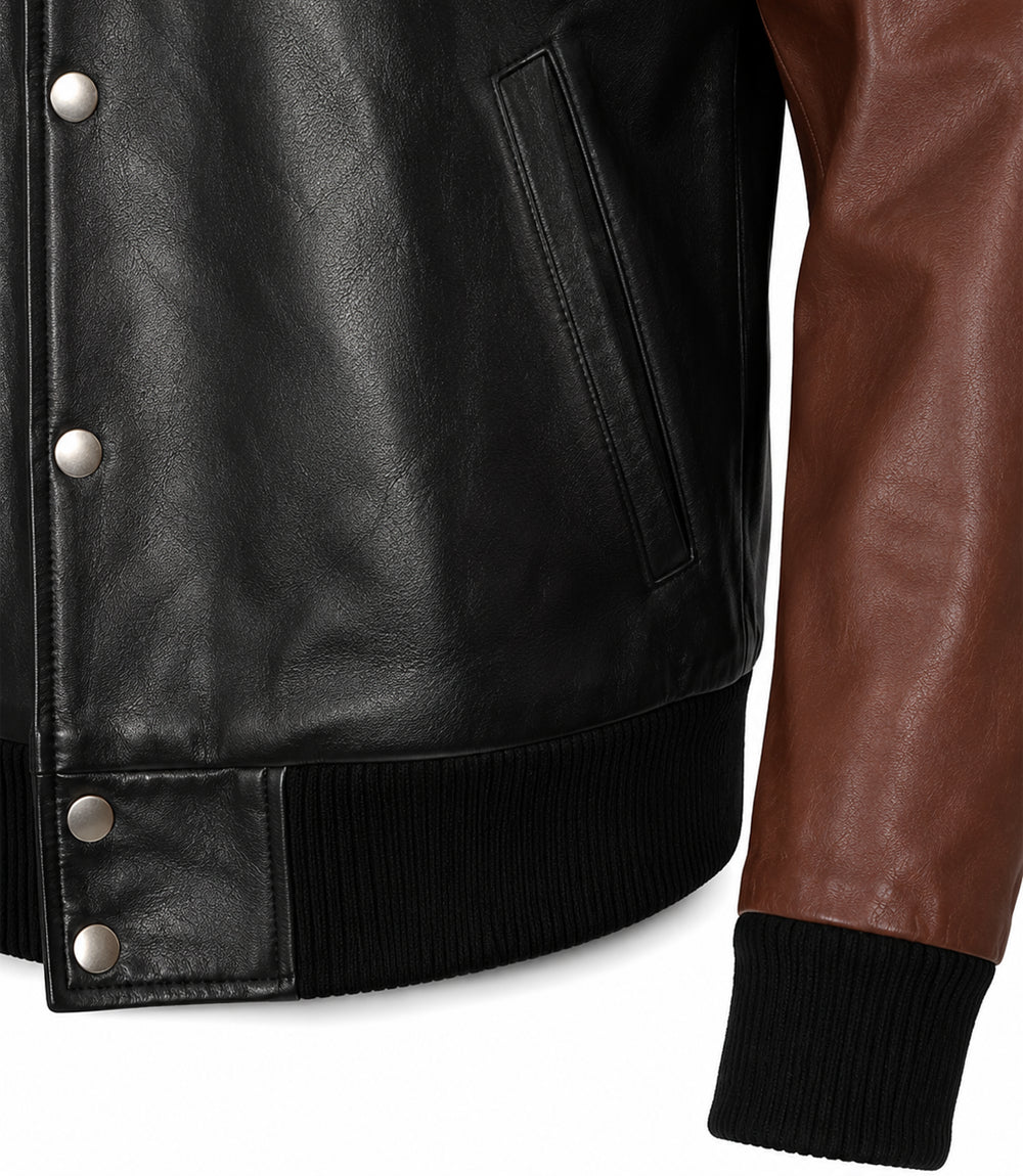 Men’s Black and Brown Leather Varsity Bomber Jacket in XS - Jacket Aura