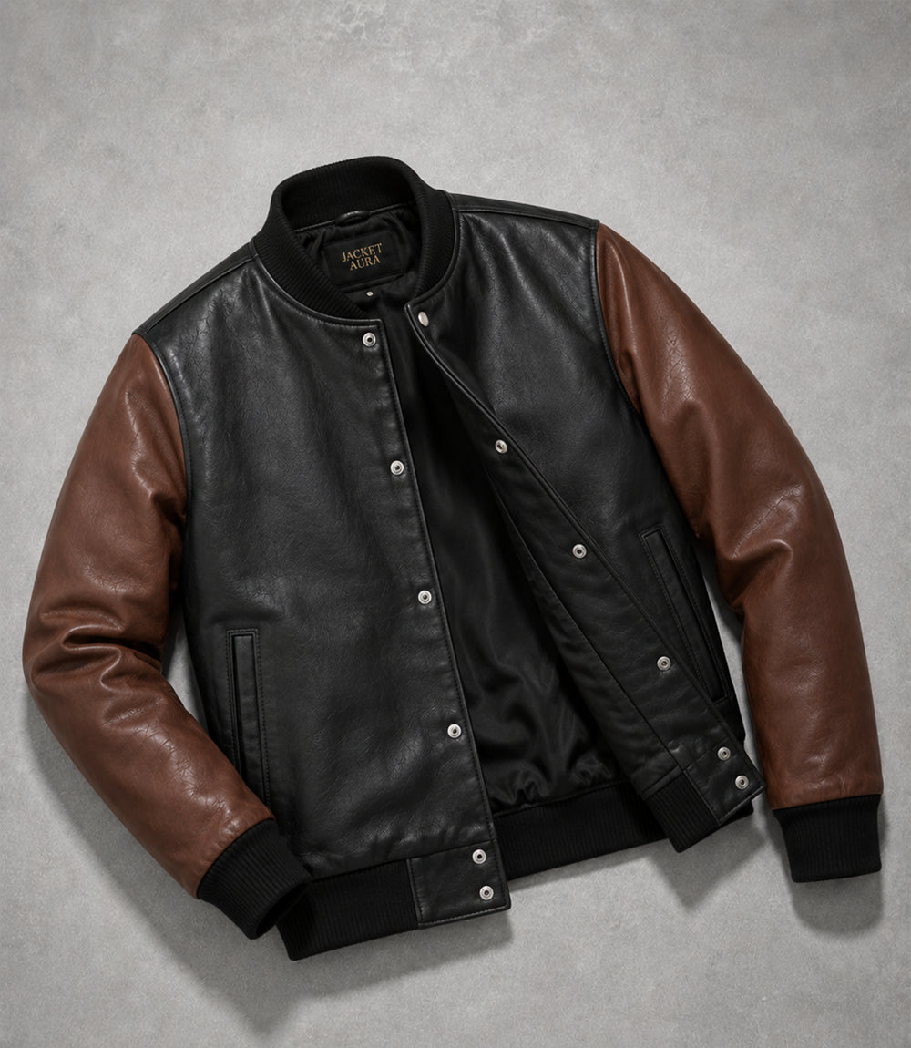 Men’s Black and Brown Leather Varsity Bomber Jacket in XS - Jacket Aura