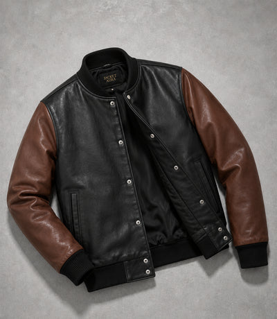 Men’s Black and Brown Leather Varsity Bomber Jacket in XS - Jacket Aura