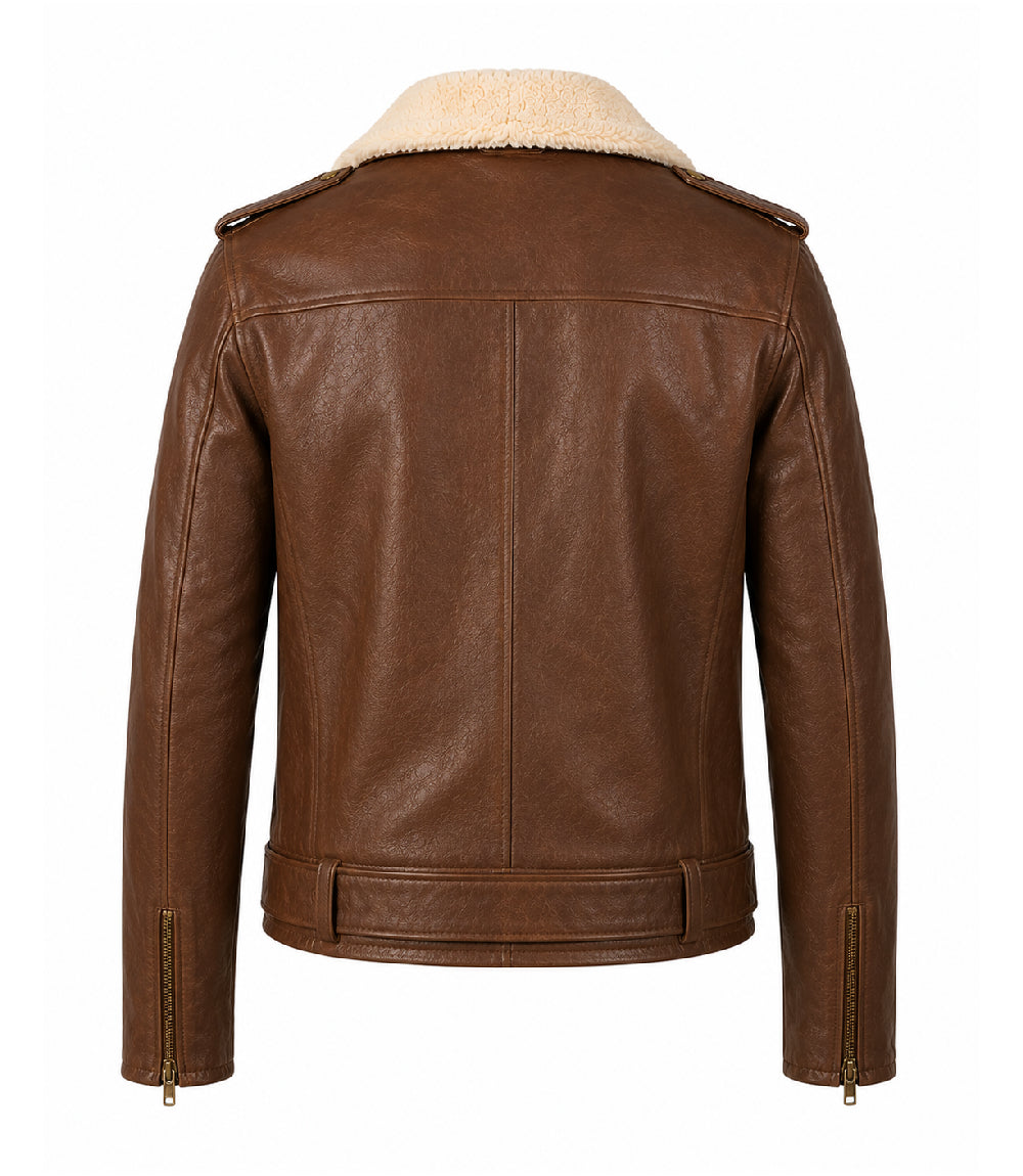 Men’s Brown Shearling Collar Leather Biker Jacket