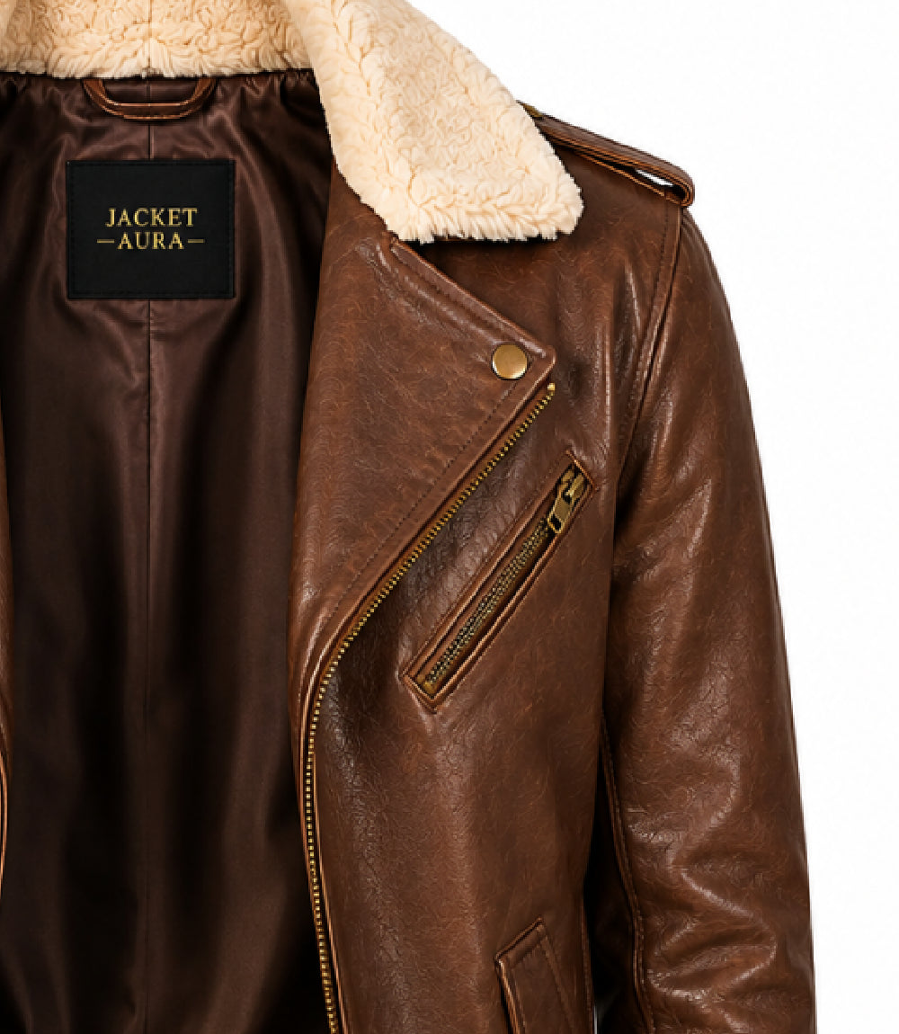 Men’s Brown Shearling Collar Leather Biker Jacket