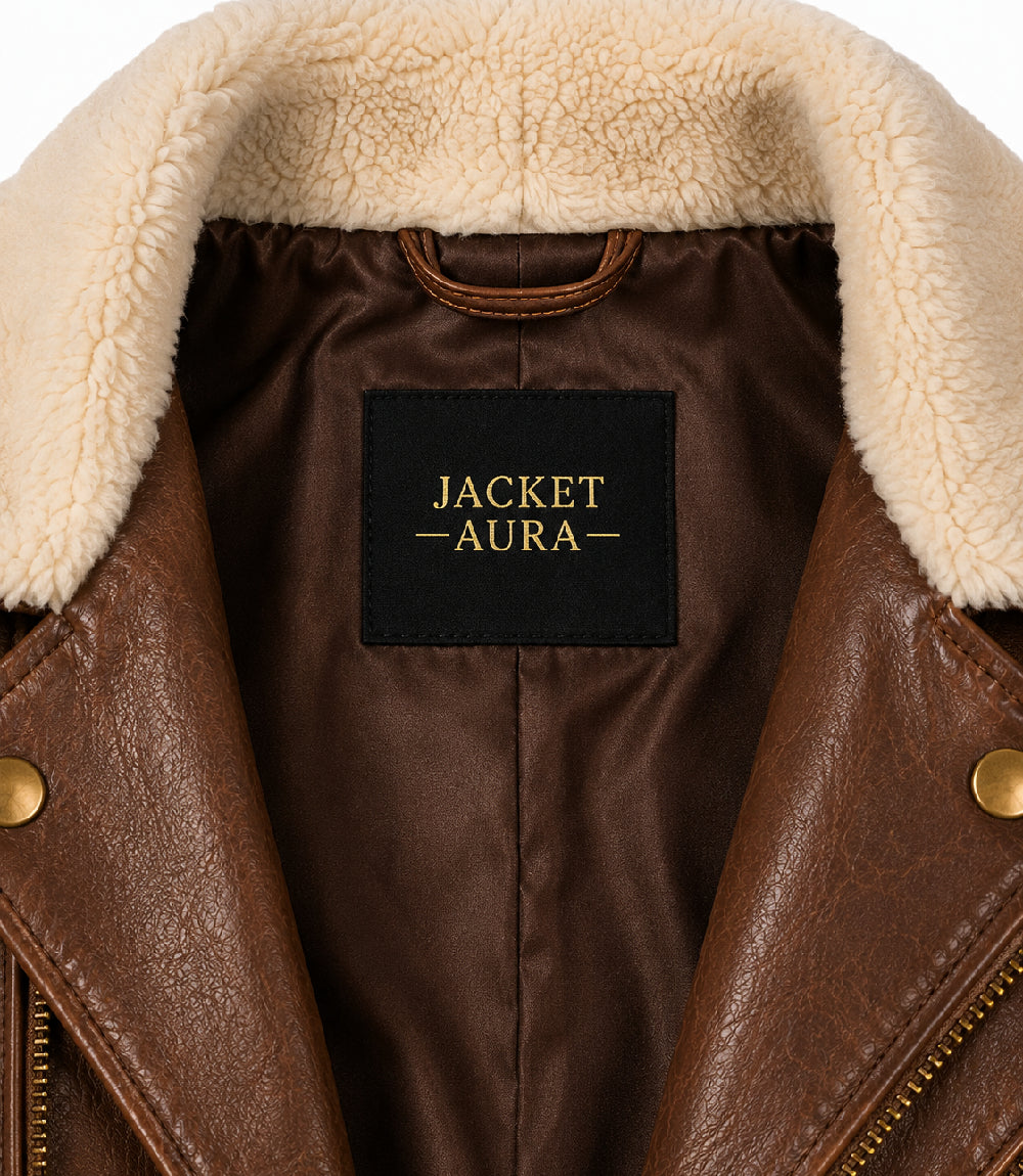 Men’s Brown Shearling Collar Leather Biker Jacket