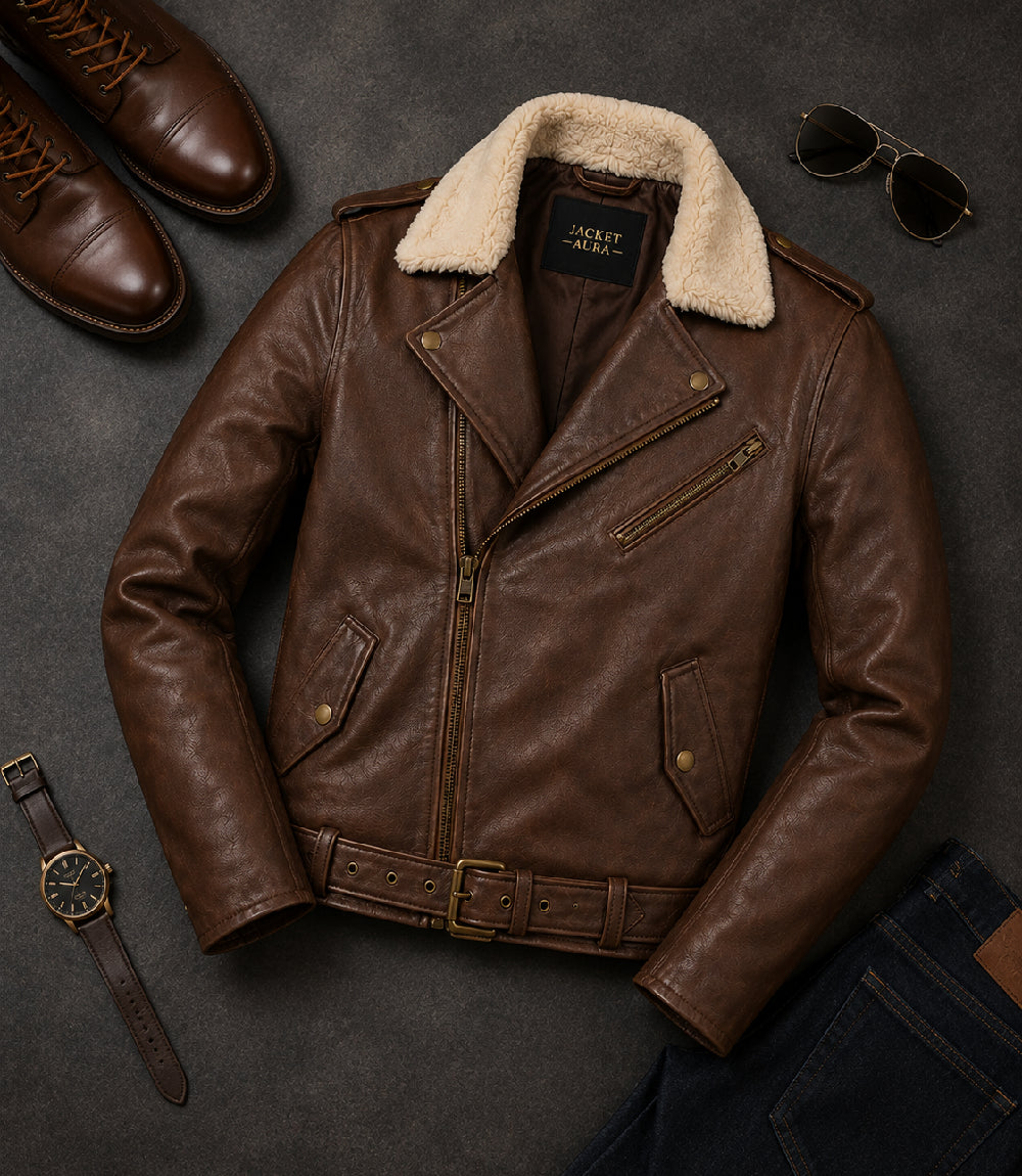 Men’s Brown Shearling Collar Leather Biker Jacket