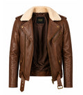 Men’s Brown Shearling Collar Leather Biker Jacket