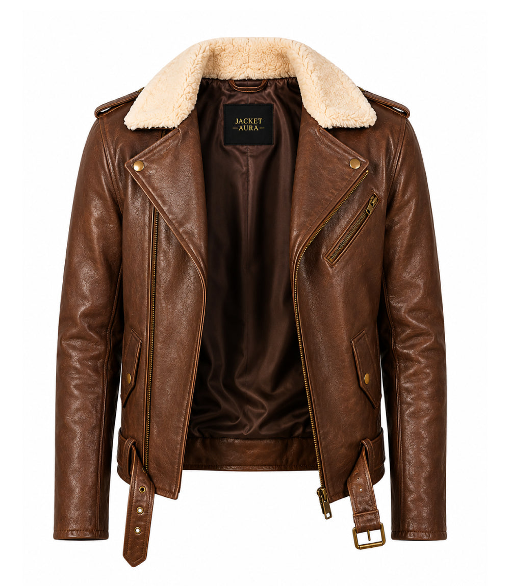 Men’s Brown Shearling Collar Leather Biker Jacket