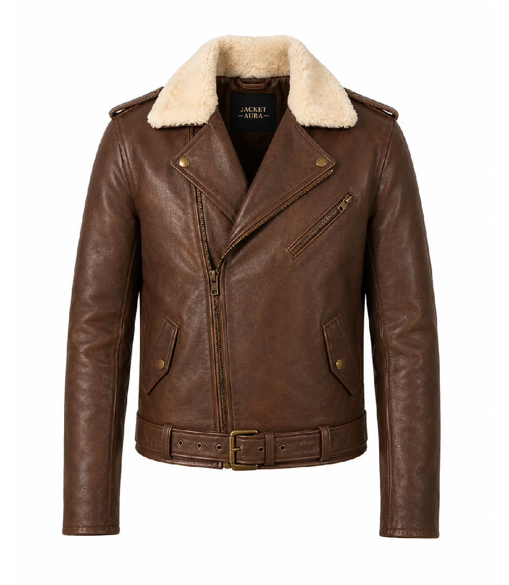 Men’s Brown Shearling Collar Leather Biker Jacket