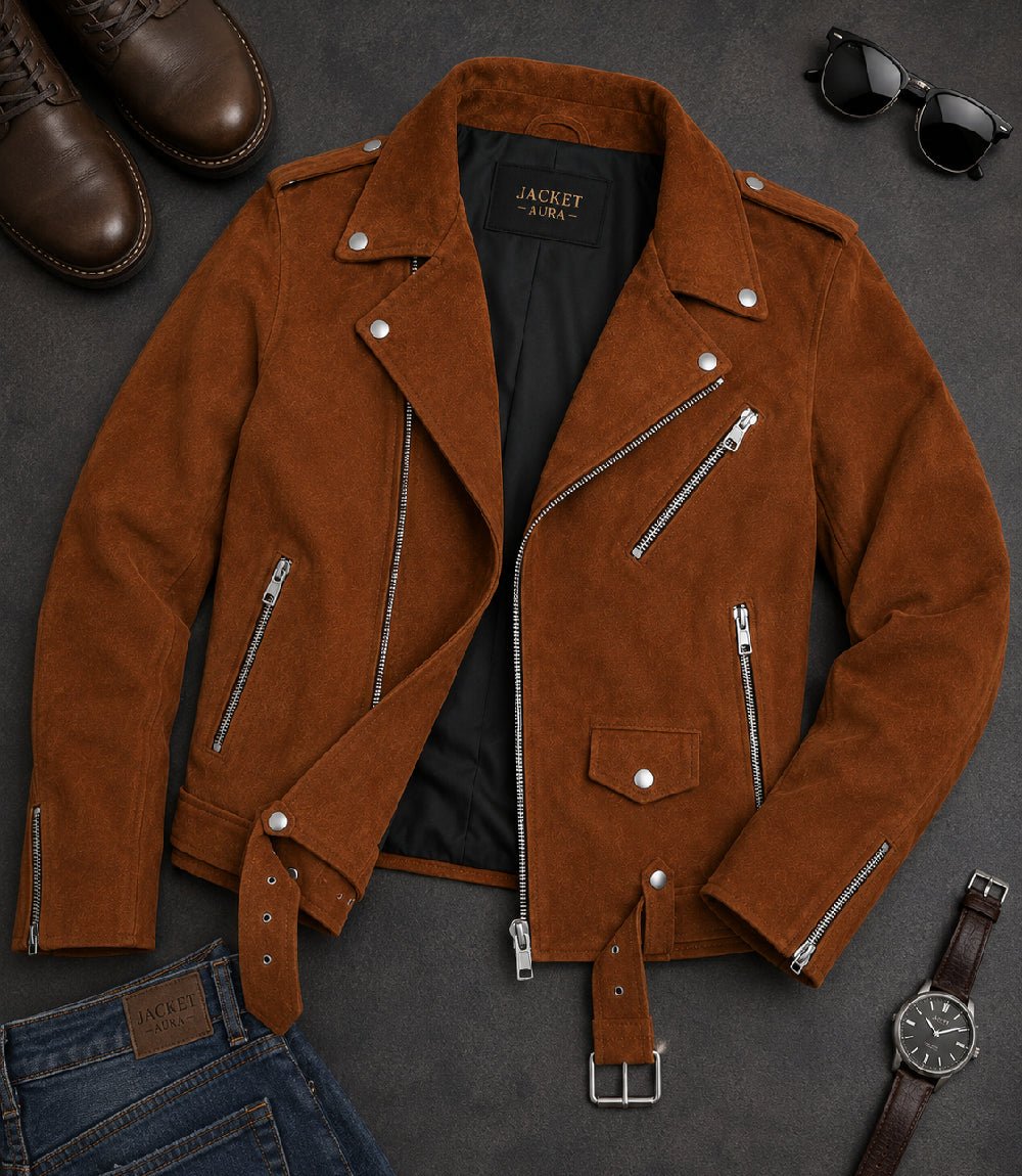 Men’s Brown Suede Biker Jacket in XS - Jacket Aura