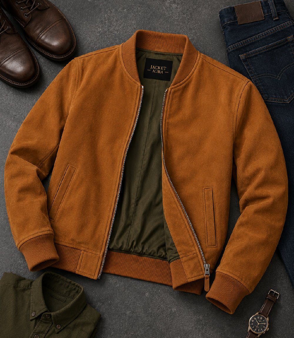 Men’s Brown Suede Bomber Jacket in XS - Jacket Aura