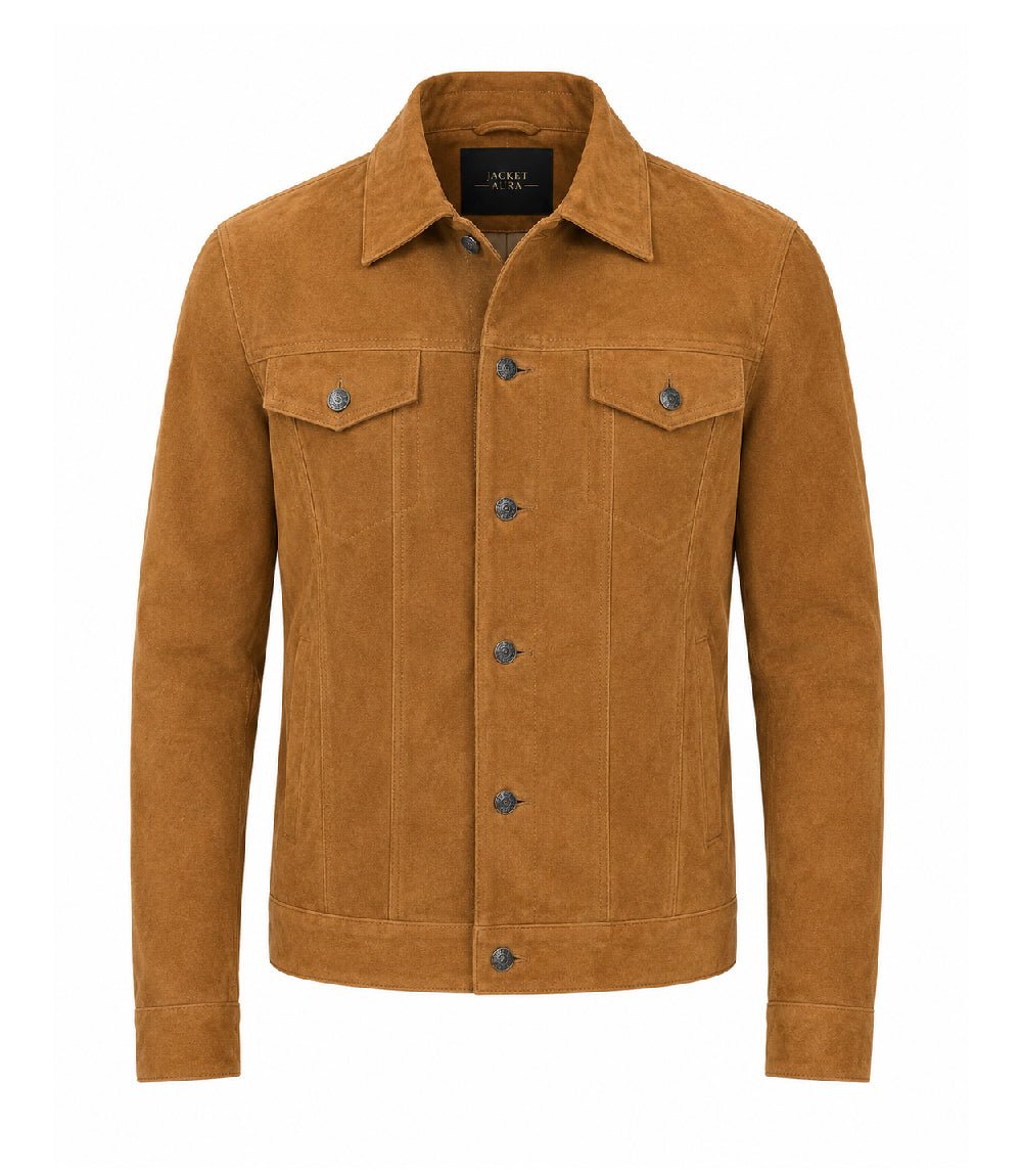Men’s Camel Brown Suede Trucker Jacket in XS - Jacket Aura