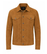 Men’s Camel Brown Suede Trucker Jacket in XS - Jacket Aura