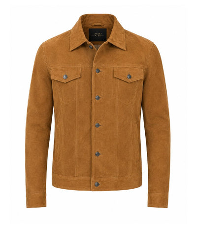 Men’s Camel Brown Suede Trucker Jacket in XS - Jacket Aura