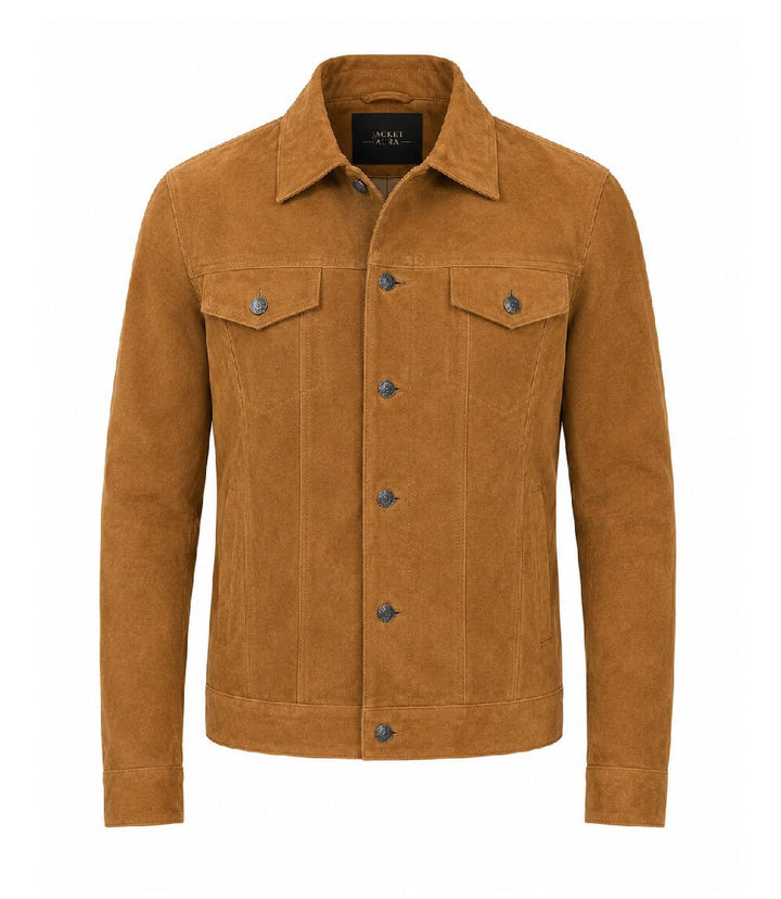 Men’s Camel Brown Suede Trucker Jacket in XS - Jacket Aura