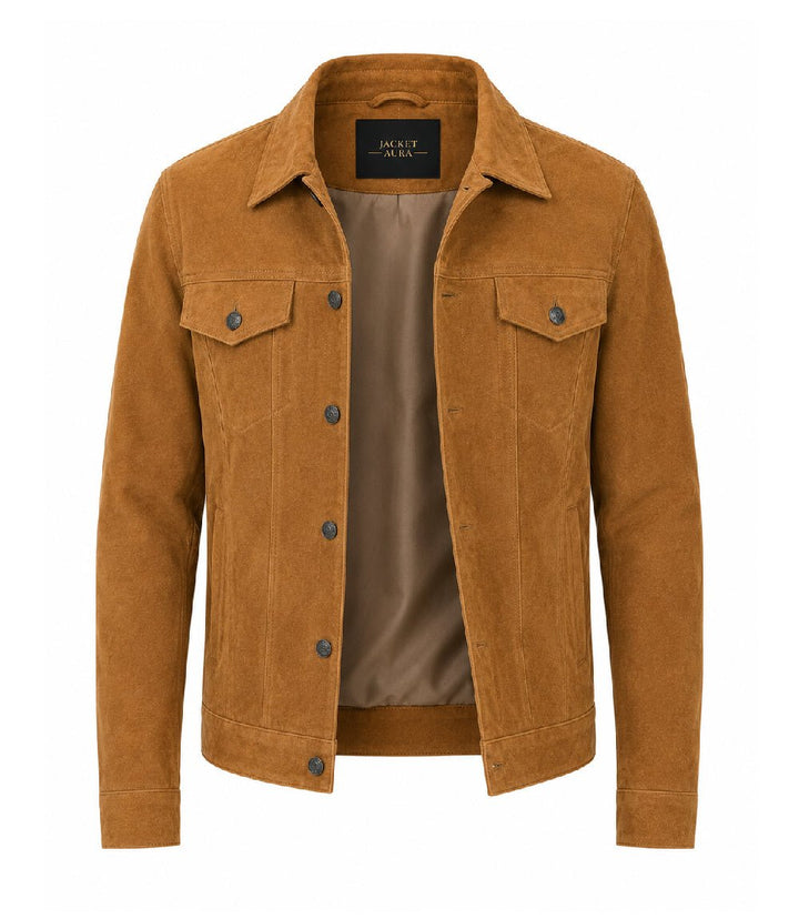 Men’s Camel Brown Suede Trucker Jacket in XS - Jacket Aura