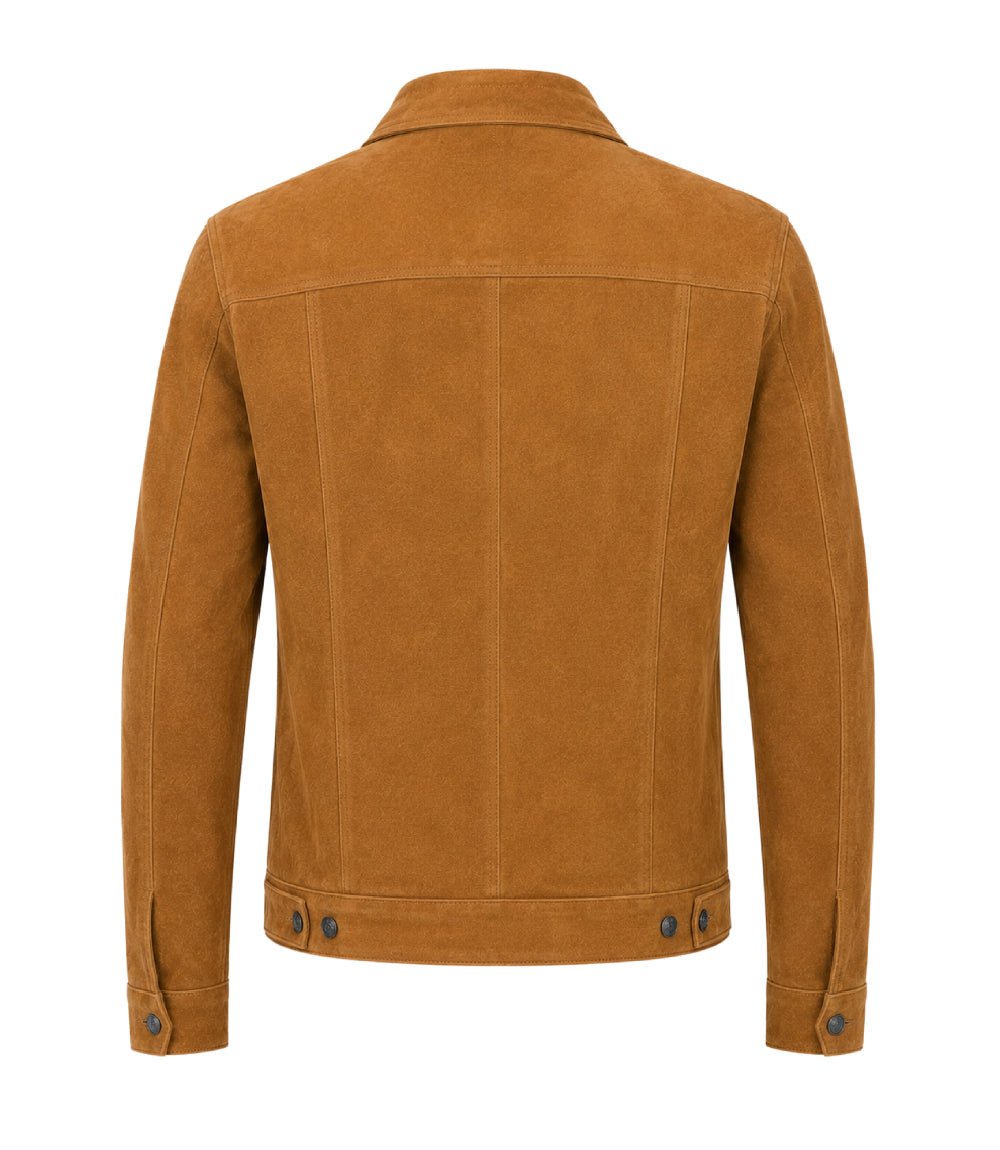 Men’s Camel Brown Suede Trucker Jacket in XS - Jacket Aura