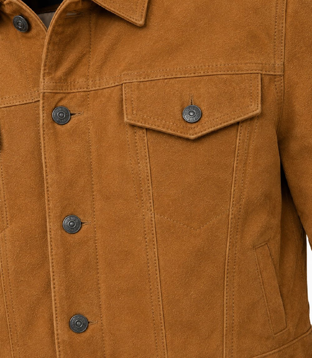 Men’s Camel Brown Suede Trucker Jacket in XS - Jacket Aura