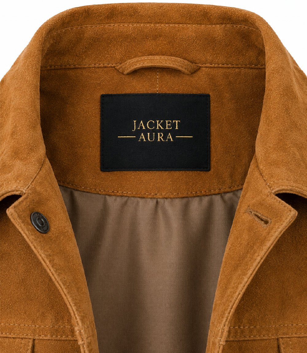 Men’s Camel Brown Suede Trucker Jacket in XS - Jacket Aura