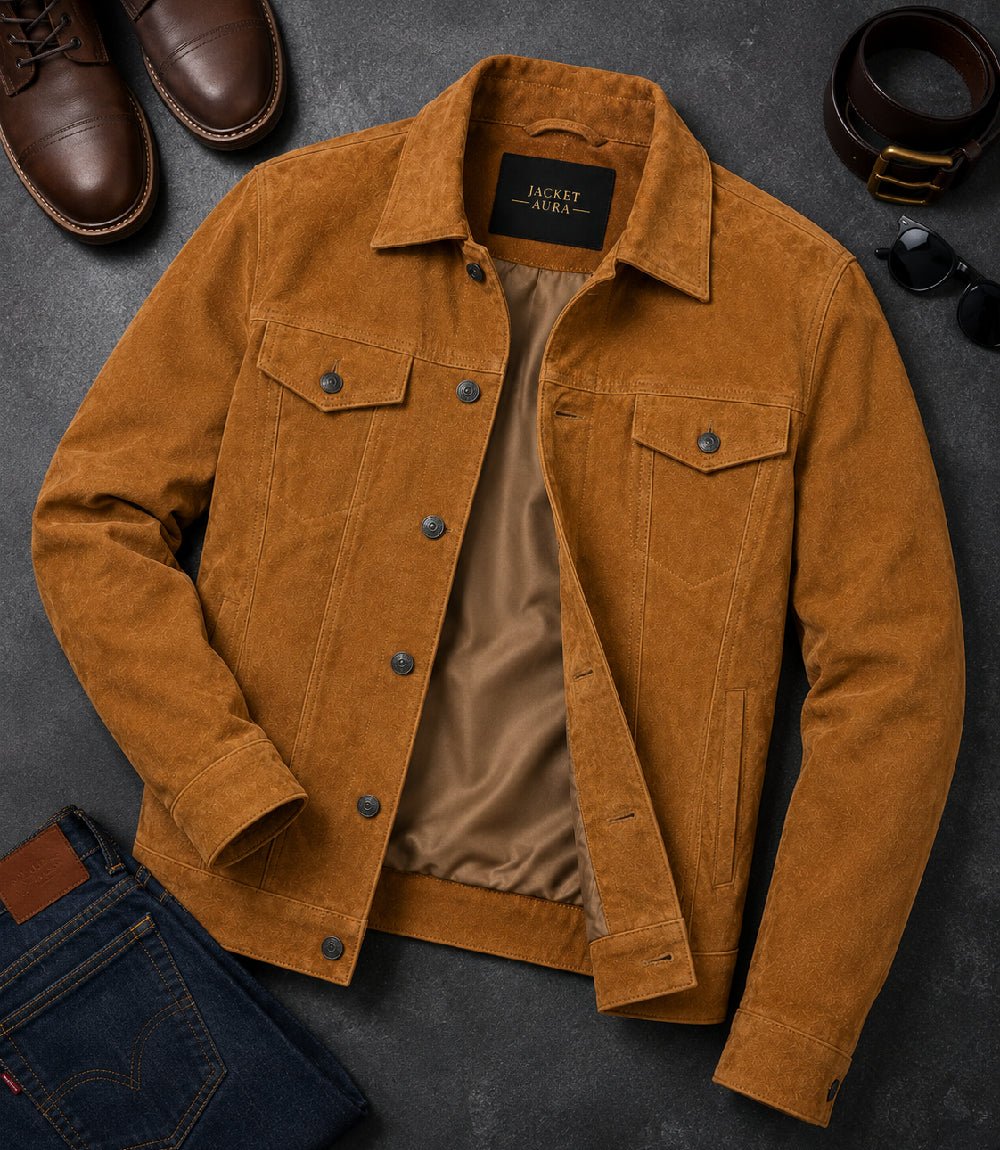 Men’s Camel Brown Suede Trucker Jacket in XS - Jacket Aura