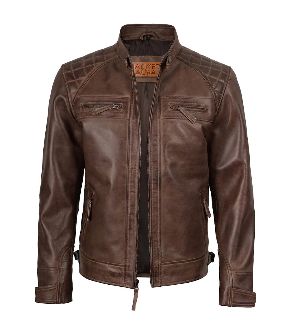 Men's Chocolate Brown Leather Biker Jacket with Quilted Shoulders | Jacket Aura in XS - Jacket Aura