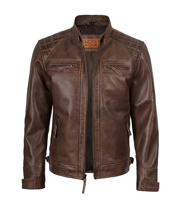 Men's Chocolate Brown Leather Biker Jacket with Quilted Shoulders | Jacket Aura in XS - Jacket Aura