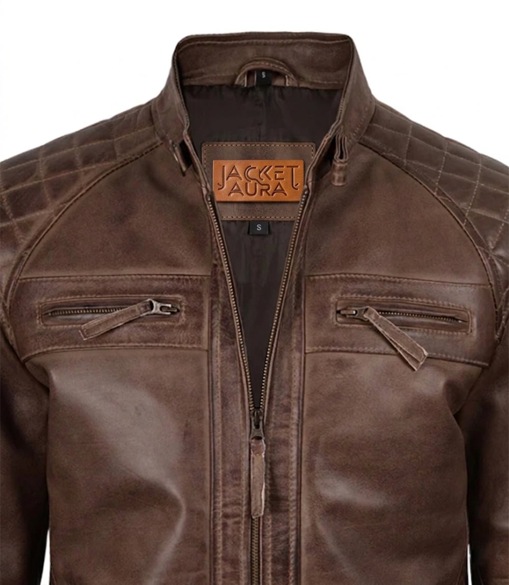 Men's Chocolate Brown Leather Biker Jacket with Quilted Shoulders | Jacket Aura in XS - Jacket Aura